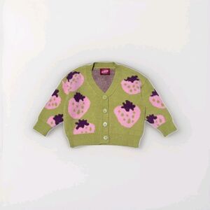 Milk Teeth Cottagecore Kids 7/8 Grannycore Green Knit Cardigan Strawberry Print